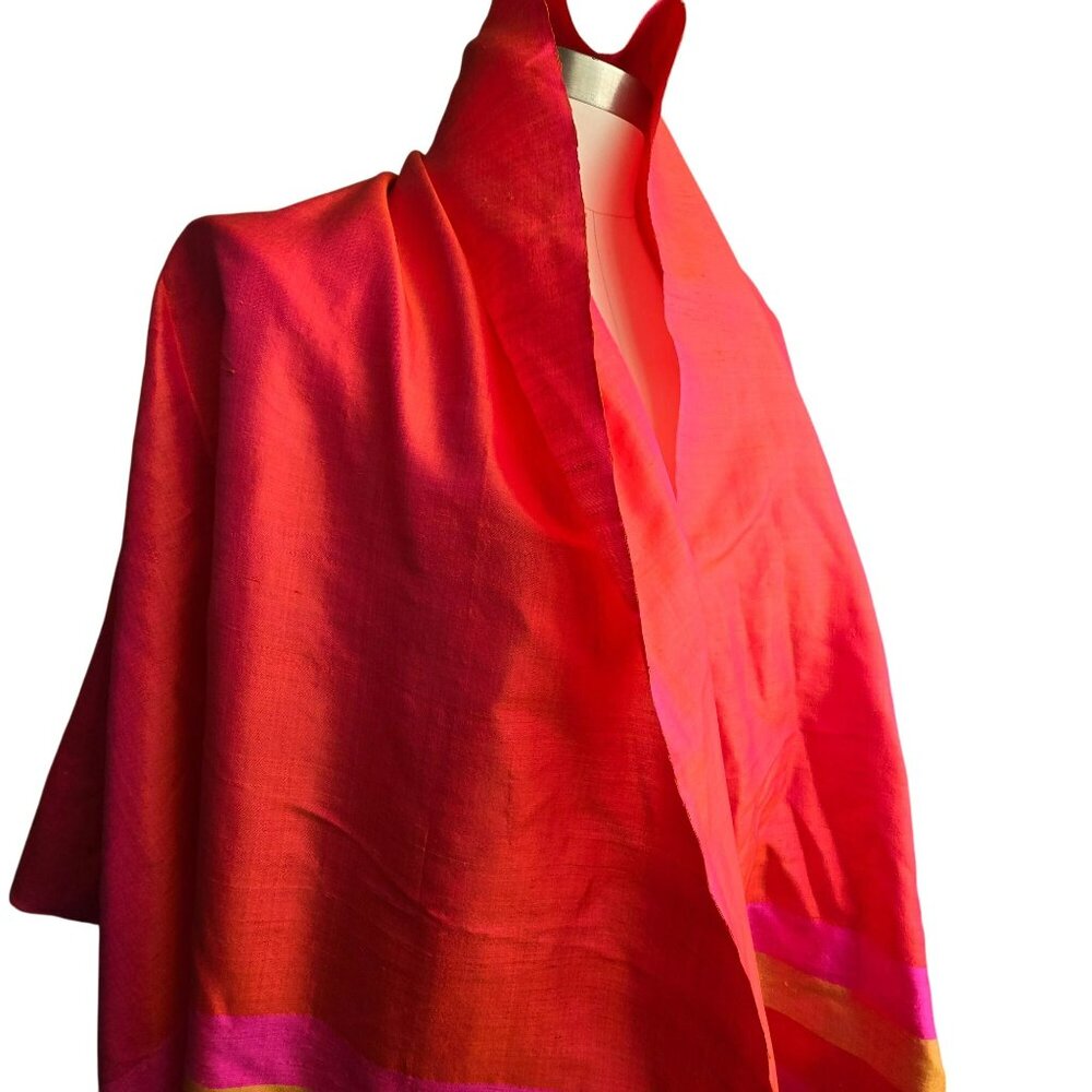 Vintage Pink Orange Handwoven Raw Silk Scarf/Shawl With Fuchsia Stripes HS242 - Picture 4 of 10